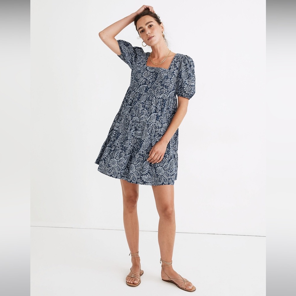 Madewell Poplin Puff-Sleeve Tiered Babydoll Dress in Paisley Garden size: 14